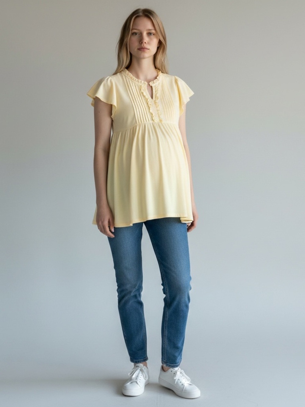 Maternity Mommy & Me M Soft Yellow Flutter Sleeve Tuxedo Neckline Top